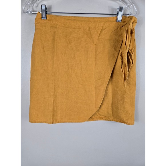 Zara Dresses & Skirts - Zara Mustard Yellow Linen Blend Wrap Mini Skirt with Side Tie Size S